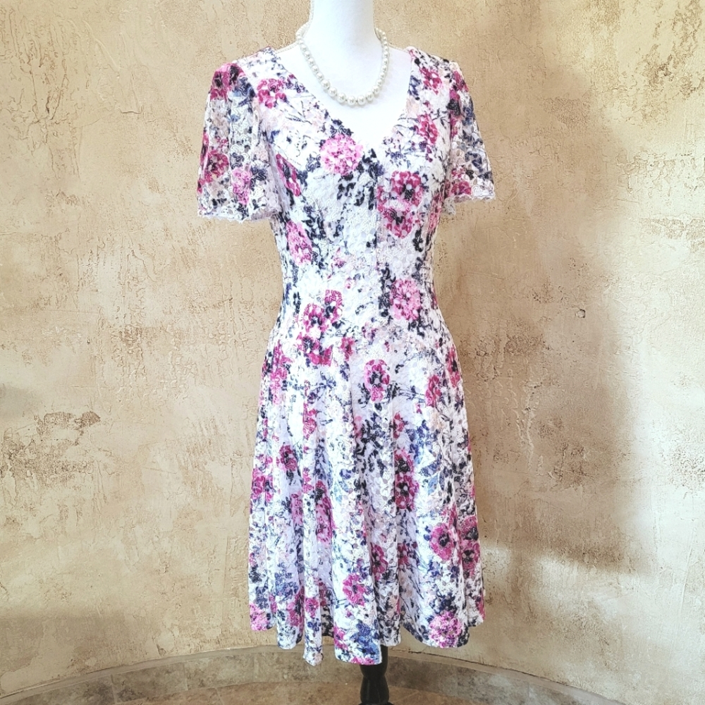 Floral Lace Overlay Fit & Flare Dress